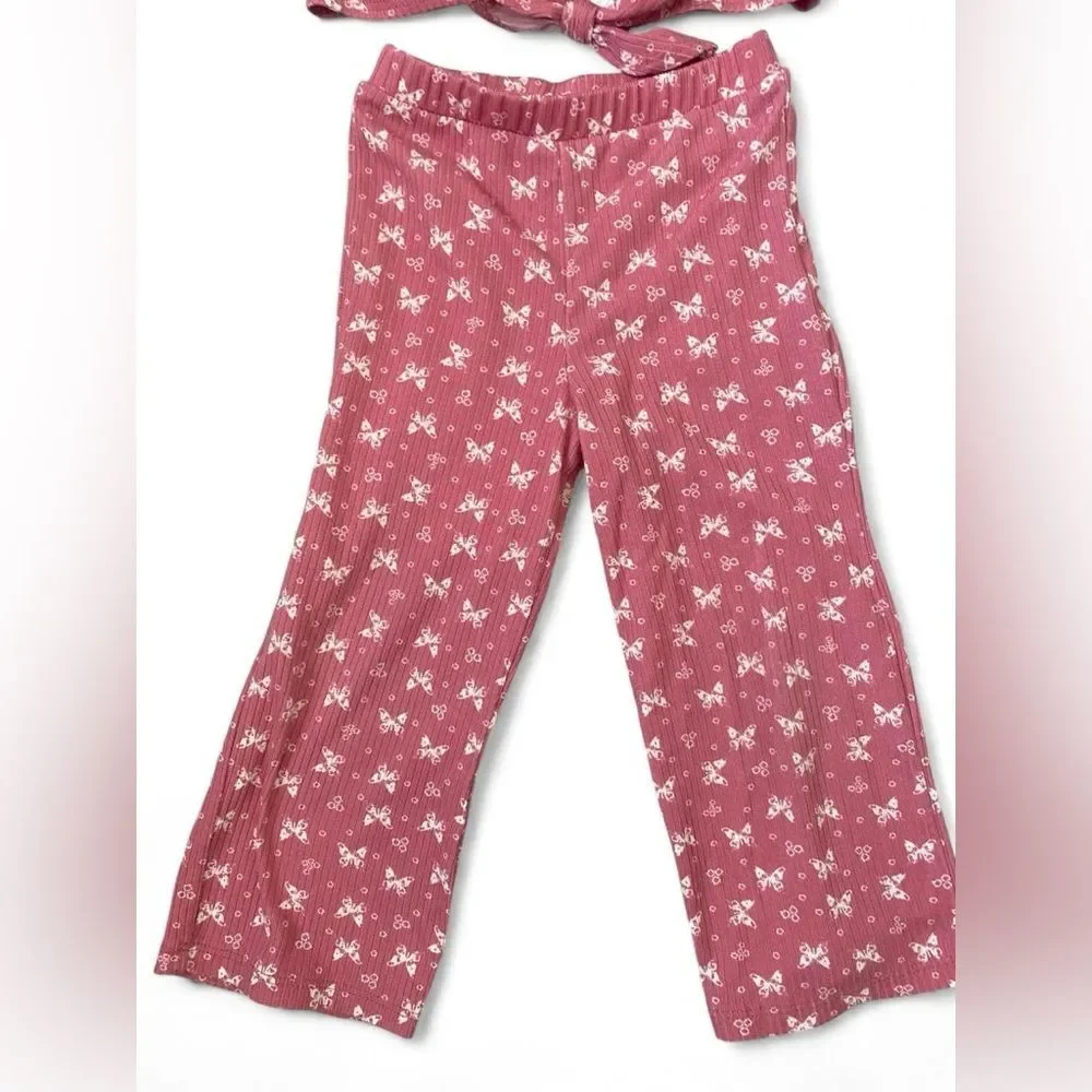 Heart & Arrow 2T Toddler Girls Pink Butterfly Ribbed Top & Pants Outfit Set